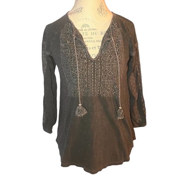 Lucky Brand Tops - Lucky Brand quarter sleeve top, embroidery details, tassels, 100% cotton- size S